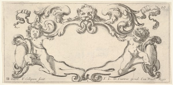 Plate 1: a cartouche with a lion head with wings at top center, a putto holding a b..., ca. 1640-45. Creator: Francois Collignon.