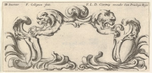 Plate 10: a cartouche with the heads of two lions in profile to left and right in t..., ca. 1640-45. Creator: Francois Collignon.