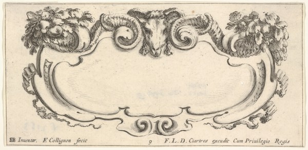 Plate 9: a cartouche with the head of a ram at top center, flowers at top left and ..., ca. 1640-45. Creator: Francois Collignon.