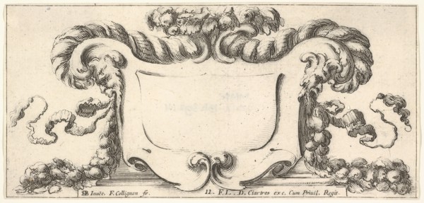 Plate 11: a cartouche with fruits, flowers, and leaves at top, a mask of a faun in ..., ca. 1640-45. Creator: Francois Collignon.