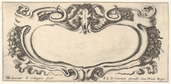 Plate 6: a cartouche with a ram skull at top center, grapes and other fruits to eit..., ca. 1640-45. Creator: Francois Collignon.