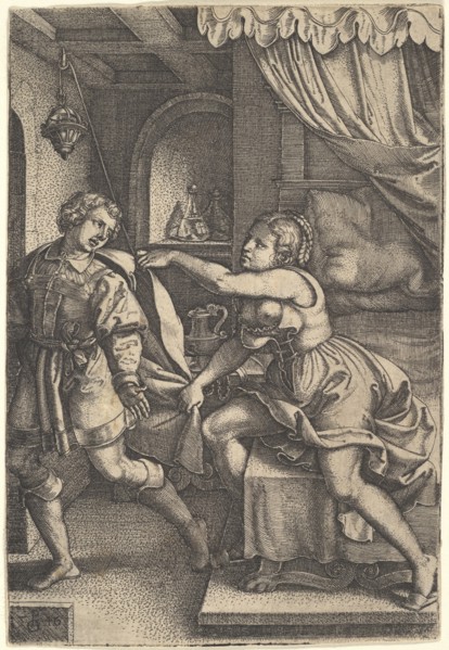 Joseph strides away from Potiphar's wife, who clutches his cloak with both hands as she st..., 1546. Creator: Georg Pencz.