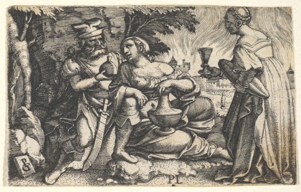 Lot and his daughters: a daughter at center rests her right arm on Lot's knee and a ve..., ca. 1531. Creator: Georg Pencz.
