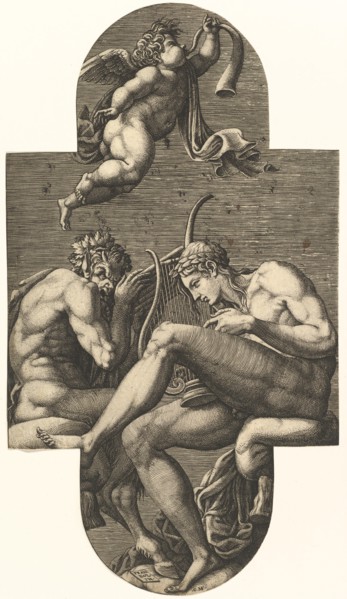 Apollo, Pan, and a putto blowing a horn, from a series of eight compositions after France..., 1560s. Creator: Giorgio Ghisi.