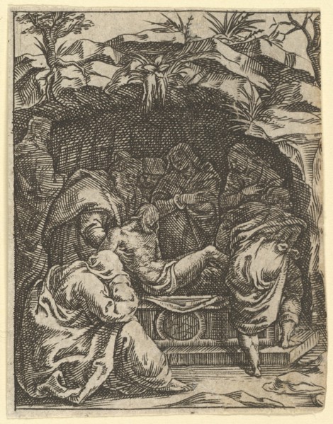 The Virgin of Sorrows: The Entombment; one of nine surrounding compartments from the Vi..., by 1575. Creator: Giorgio Ghisi.
