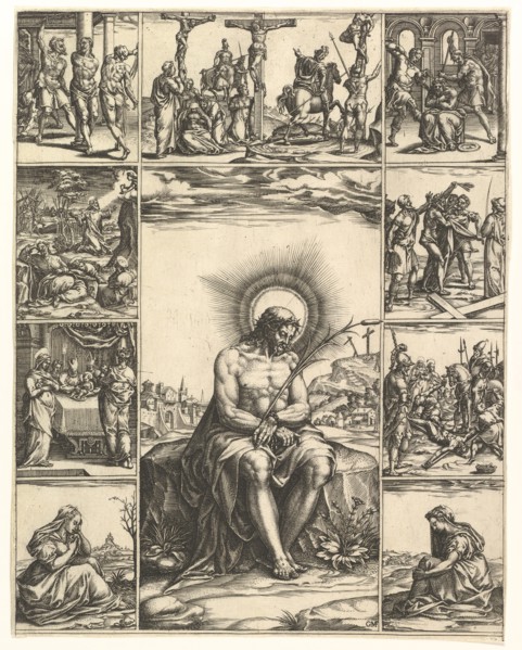 The Man of Sorrows; an image of Christ surrounded by nine vignettes depicting scenes of..., by 1575. Creator: Giorgio Ghisi.