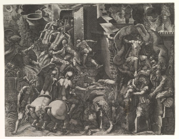 The Fall of Troy and Escape of Aeneas, mid-1540's. Creator: Giorgio Ghisi.