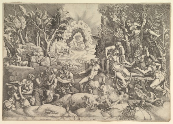 The Death of Procris; Cephalus mournig the death of Procris on the right surrounded by..., ca. 1540. Creator: Giorgio Ghisi.