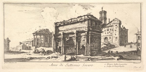 Plate 13: Arch of Settimius Severus 1. Temple of Concord. 2. Ascent to the Capitoline ..., ca. 1748. Creator: Giovanni Battista Piranesi.