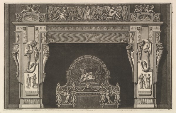 Chimneypiece: Frieze of trophies and winged Victories on the lintel, with cornucopias ..., ca. 1769. Creator: Giovanni Battista Piranesi.