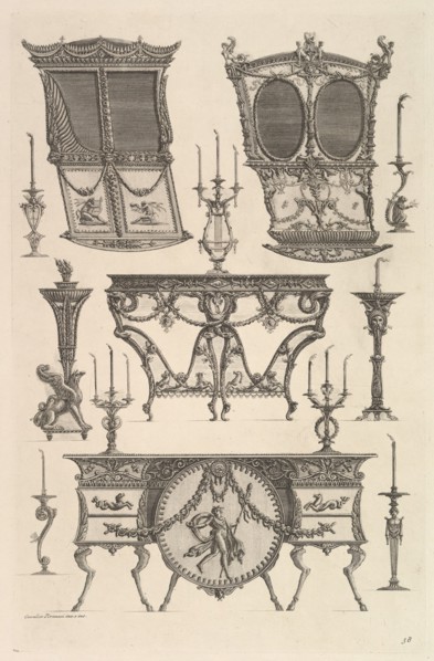 Miscellaneous furniture including two sedan chairs, a side table and a commode