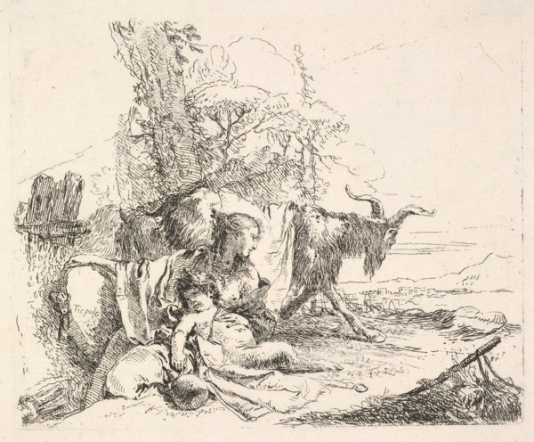 Woman and infant satyr in a landscape, the woman twisting to look over her left sho..., ca. 1740-42. Creator: Giovanni Battista Tiepolo.