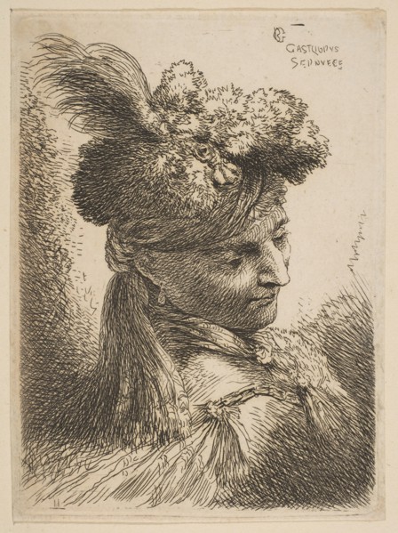 Young man facing three quaters right wearing a fur headdress with a plume, jewel an..., ca. 1645-50. Creator: Giovanni Benedetto Castiglione.