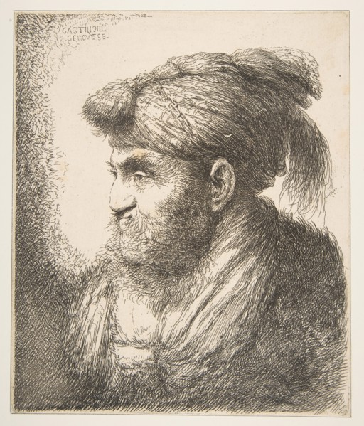 Man weraing a turban facing left, from the series of 'Large Oriental Heads', ca. 1645-50. Creator: Giovanni Benedetto Castiglione.