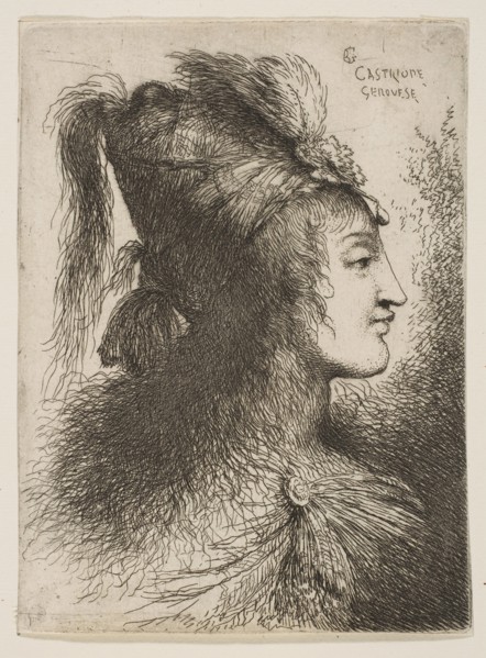 Young man wearing a plumed turban, facing right, from the series of 'Small Heads ..., ca. 1645-1650. Creator: Giovanni Benedetto Castiglione.