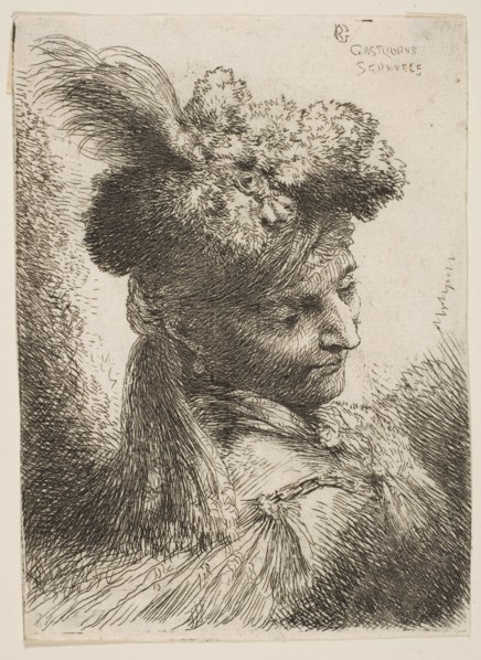 Young man facing three quaters right wearing a fur headdress with a plume, jewel ..., ca. 1645-1650. Creator: Giovanni Benedetto Castiglione.