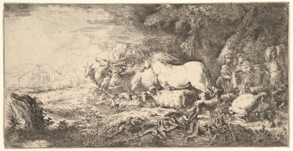 Entry of the animals into Noah's ark, three men follow quadrupeds and birds stridin..., ca. 1650-55. Creator: Giovanni Benedetto Castiglione.