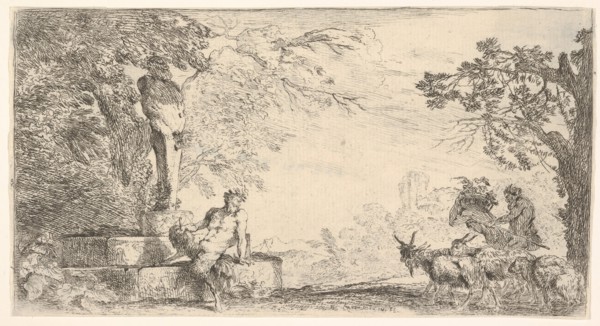 A satyr reclining at the foot of a staute of Priapus, goats at the right, ca. 1645-48. Creator: Giovanni Benedetto Castiglione.