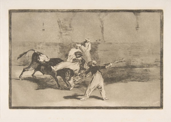 Plate 8 from the 'Tauromaquia':A Moor Caught by the Bull in the ring., 1816. Creator: Francisco Goya.