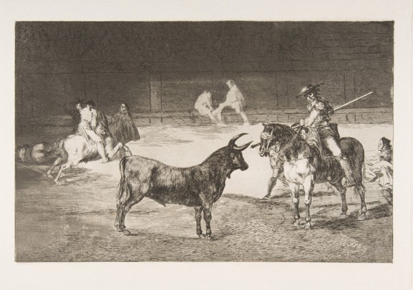 Plate 27 from the 'Tauromaquia': The celebrated picador, Fernando del Toro, draws the fier..., 1816. Creator: Francisco Goya.