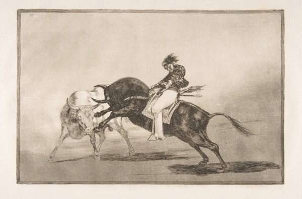 Plate 24 of the 'Tauromaquia': The same Ceballos mounted on another bull breaks short spea..., 1816. Creator: Francisco Goya.