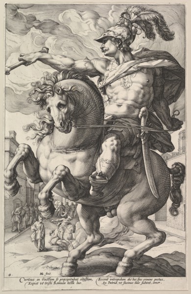 Marcus Curtius, from the series The Roman Heroes, 1586. Creator: Hendrik Goltzius.
