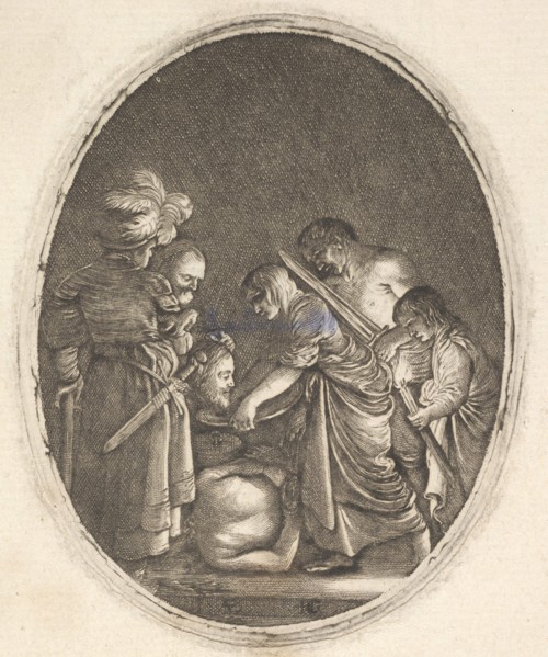 Salome receiving the head of John the Baptist, surrounded by three men and a child bea..., ca. 1610. Creator: Hendrik Goudt.