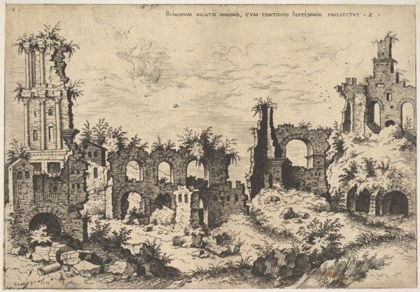 View of ruins on the Palatine Hill with trabeated facade at left and arcades at center, fr..., 1550. Creator: Hieronymus Cock.