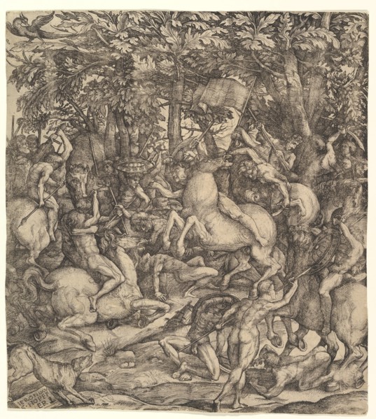 Battle between cavalry and infantry in a wood, 16th century. Creator: Hieronymus Hopfer.