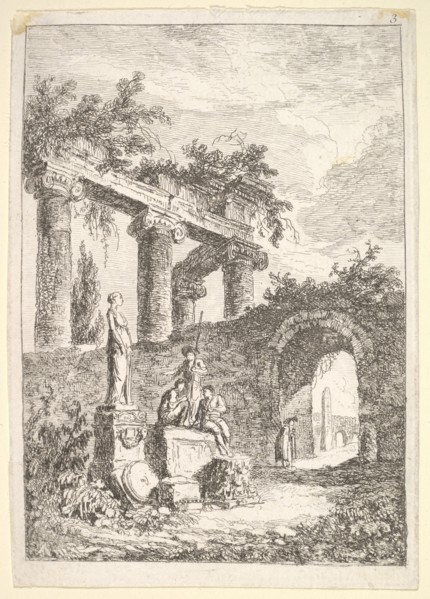 Plate 3: The Statue Before the Ruins: a statue to left next to three figures on a p..., ca. 1763-64. Creator: Hubert Robert.