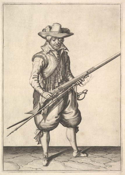 A soldier shaking the powder from the top of the pan, from the Musketeers series, plate 19, in.... Creator: Unknown.