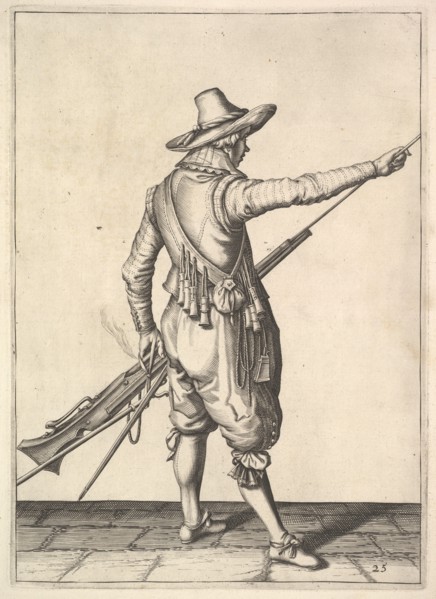 A soldier pulling out the ramrod from its holder, from the Musketeers series, plate 25, in Wap.... Creator: Unknown.