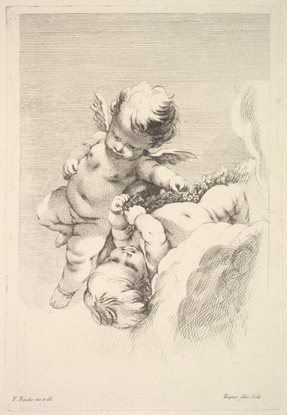 Two Cupids, One Holding a Wreath, mid to late 18th century. Creator: Jacques Gabriel Huquier.