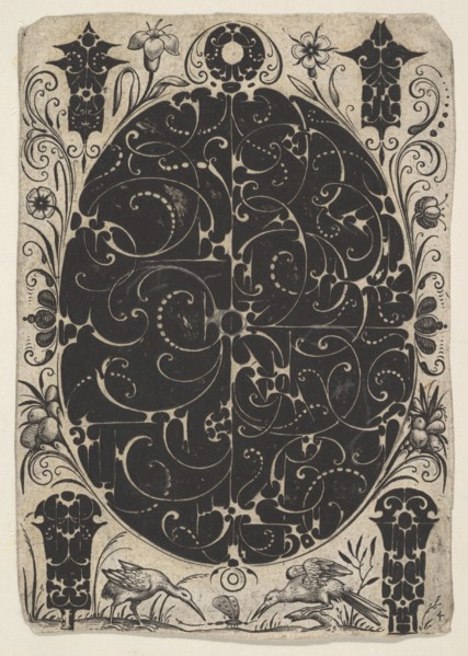 Oval Case Decorated with Schweifwerk in Two Variants, Surrounded by Smaller Motifs..., ca. 1614-19. Creator: Jacques Hurtu.