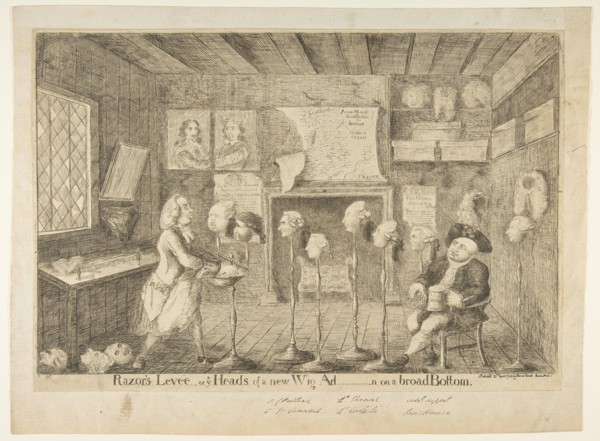 Razor's Levée, or Ye Heads of a New Wig Ad[ministration] on a Broad Bottom, April 21, 1783. Creator: James Sayers.