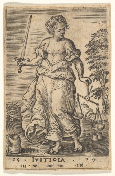 Justice, an allegorical figure holding a balance in her left hand and a sword in her right..., 1579. Creator: Jan Wierix.