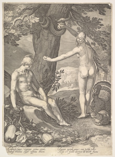 Eve Giving Adam the Forbidden Fruit; from "The Story of Adam and Eve". Creator: Jan Saenredam.