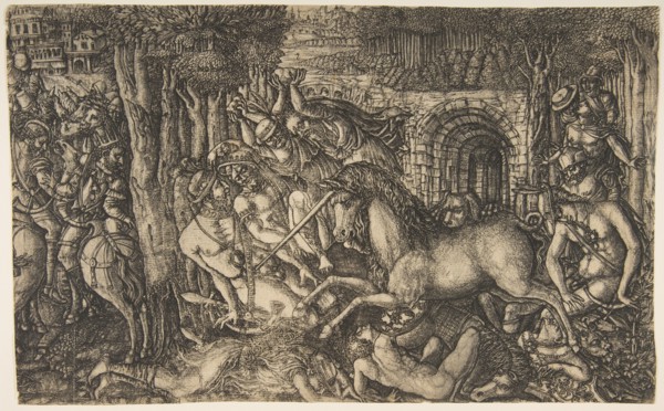A King Pursued by a Unicorn, from the Unicorn Series, ca. 1555. Creator: Jean Duvet.