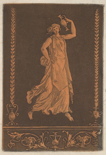 Jeune femme drapée, marchant de gauche à droit, portant un vase de métal