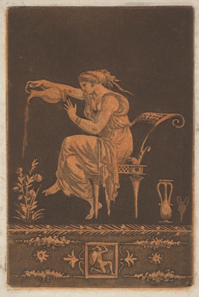 Jeune femme drapée, assise, arrosant une plante