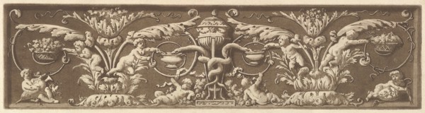 Ornamental frieze with putti and intertwined snakes, from Recueil de Différentes Compositi..., 1784. Creator: Jean Jacques Lagrenee.