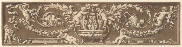 Ornamental frieze with putti, acanthus leaves, and garlands of fruit, from Recueil de Diff..., 1784. Creator: Jean Jacques Lagrenee.