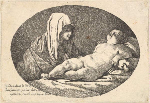 The Virgin at left watching the infant Christ as he sleeps, an oval composition, after ..., 1760-63. Creator: Jean Jacques Lagrenee.