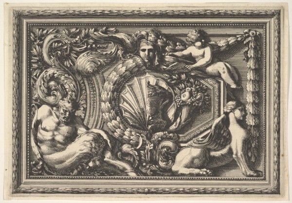 Design for a Panel with Two Variants containing a Satyr and a Sphynx, from: Pannea..., 17th century. Creator: Jean le Pautre.