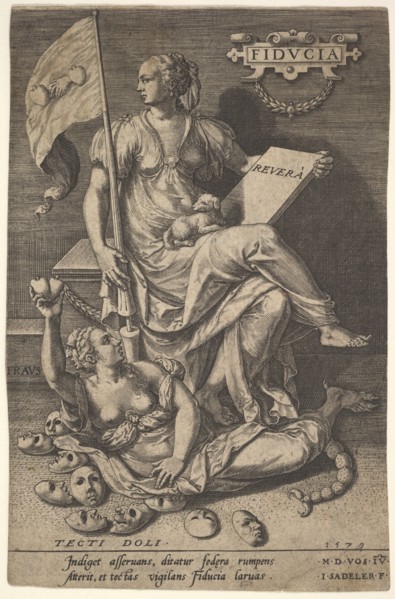 Fiducia, a seated woman holds a book and banner while turning her head away from a bare-br..., 1579. Creator: Johann Sadeler I.
