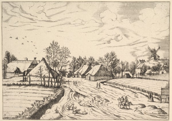 Country Village with Post Mill from Multifariarum casularum ruriumque lineamenta curios..., 1559-61. Creator: Johannes van Doetecum I.