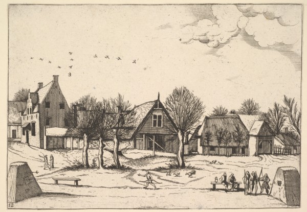 Country Village, archers in the foreground from Multifariarum casularum ruriumque linea..., 1559-61. Creator: Johannes van Doetecum I.
