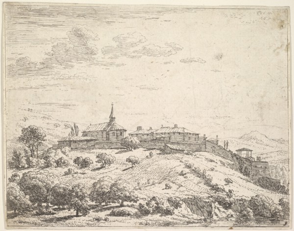 Walled village on a hill, with church at left and buildings constructed on the downslope a..., 1658. Creator: Karel Du Jardin.