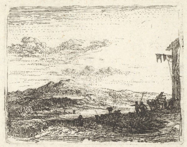 Landscape with corner of building and awning at far right, two figures and a horse-..., ca. 1641-78. Creator: Karel Du Jardin.