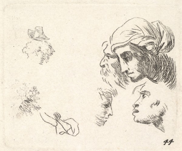 Study of heads in profile view, a woman with headcloth and bearded man whose heads ..., ca. 1641-78. Creator: Karel Du Jardin.